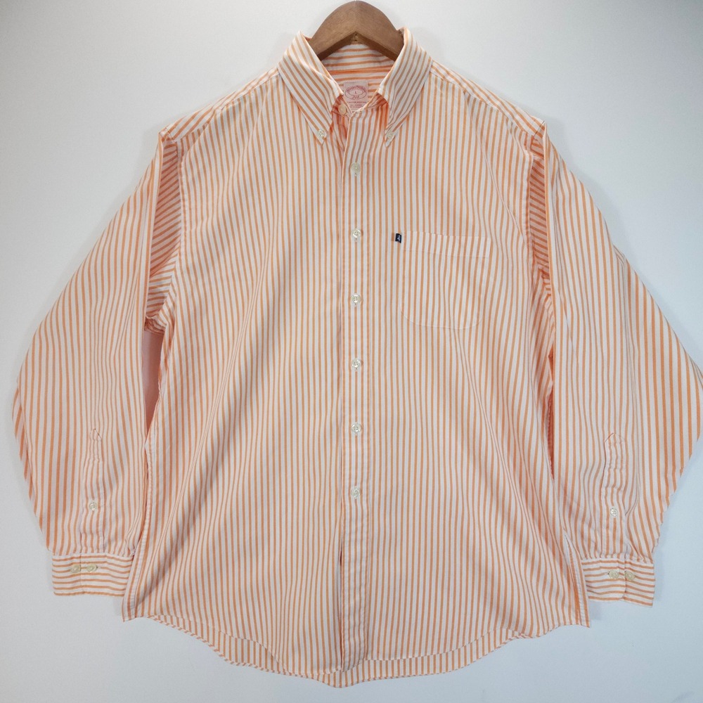 Brooks Brothers 346 Shirt Mens L Orange Striped Oxford Streetwear Button Down